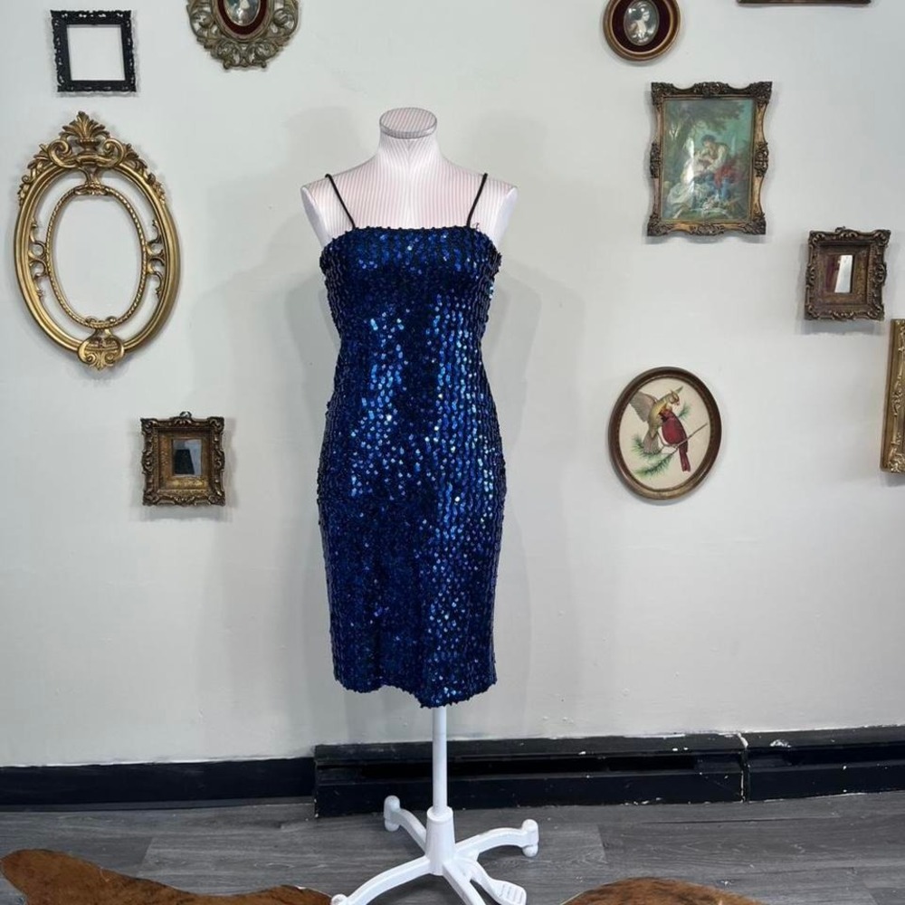 Vintage Glenrob Blue Sequin Bodycon Dress Y2K Spaghetti Strap Size 7/8 USA Made